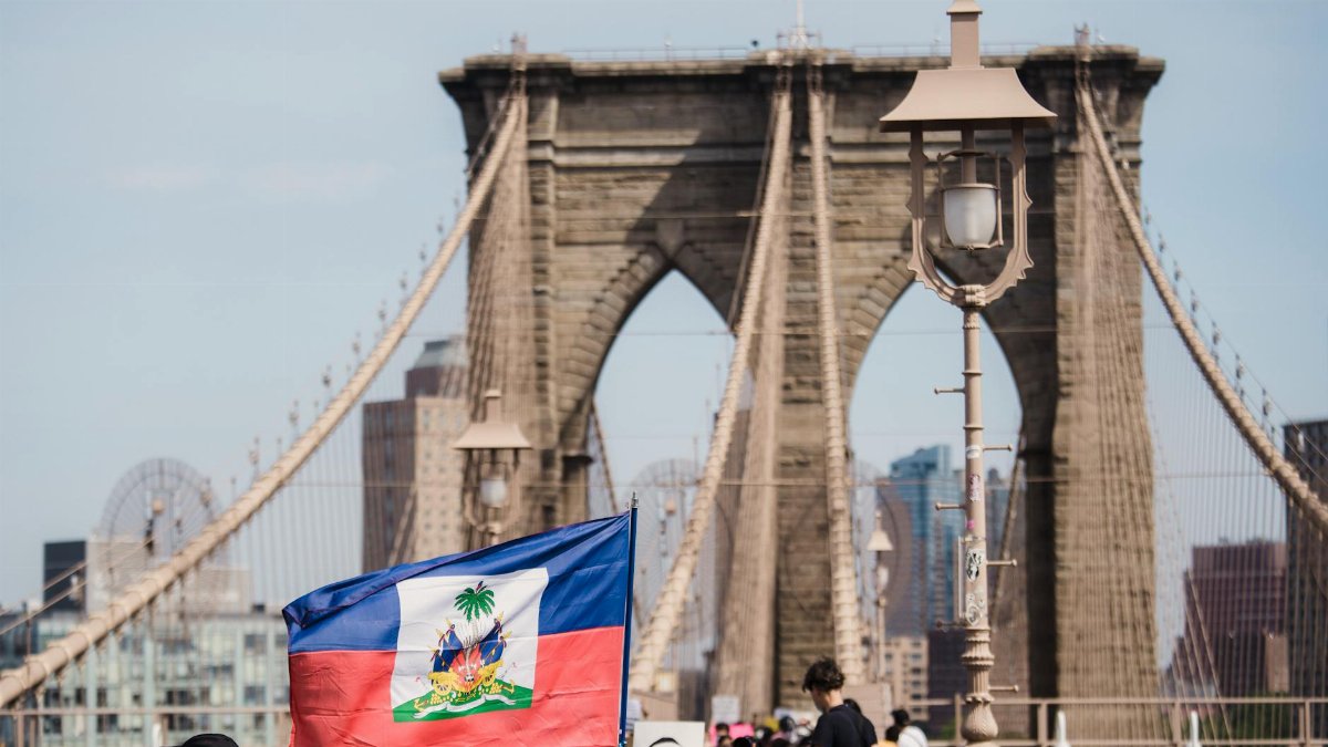 A diverse group of protesters holding a Haitian flag on the Brooklyn Bridge, advocating for justice and equality.