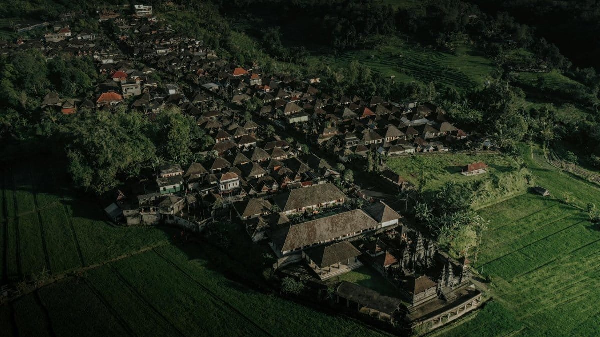 A stunning aerial view of a traditional village surrounded by lush green fields in Bali, Indonesia.