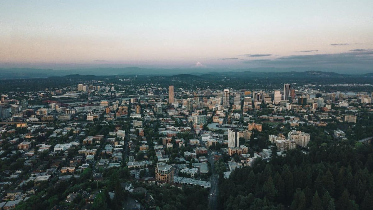 From above modern city districts with high rise buildings against misty mountains in dusky time
