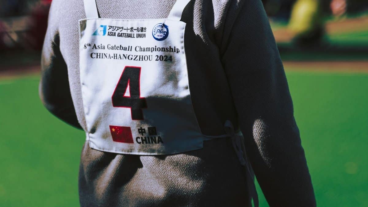 Close-up of player with jersey at 8th Asia Gateball Championship in Hangzhou, China.
