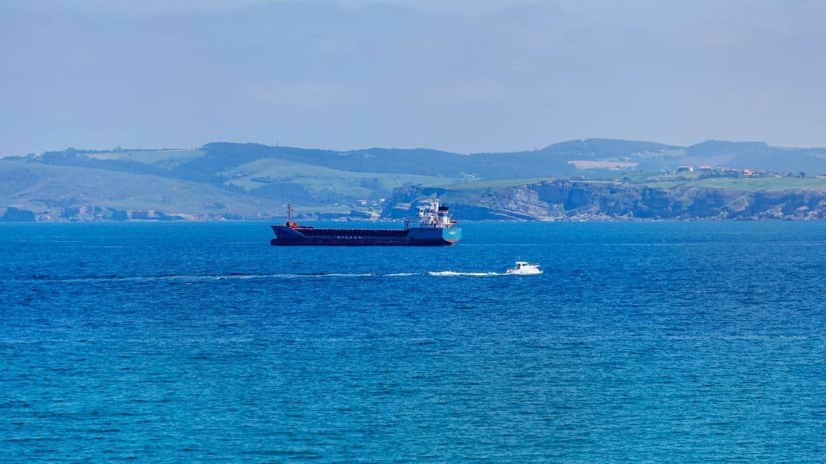 A cargo ship and speedboat on a vast blue sea under a clear summer sky, with a scenic coastline in the background.