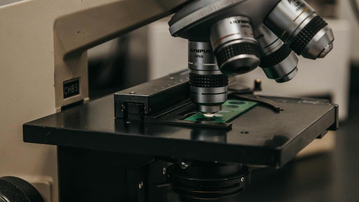 Detailed view of a laboratory microscope, essential for scientific research and analysis.