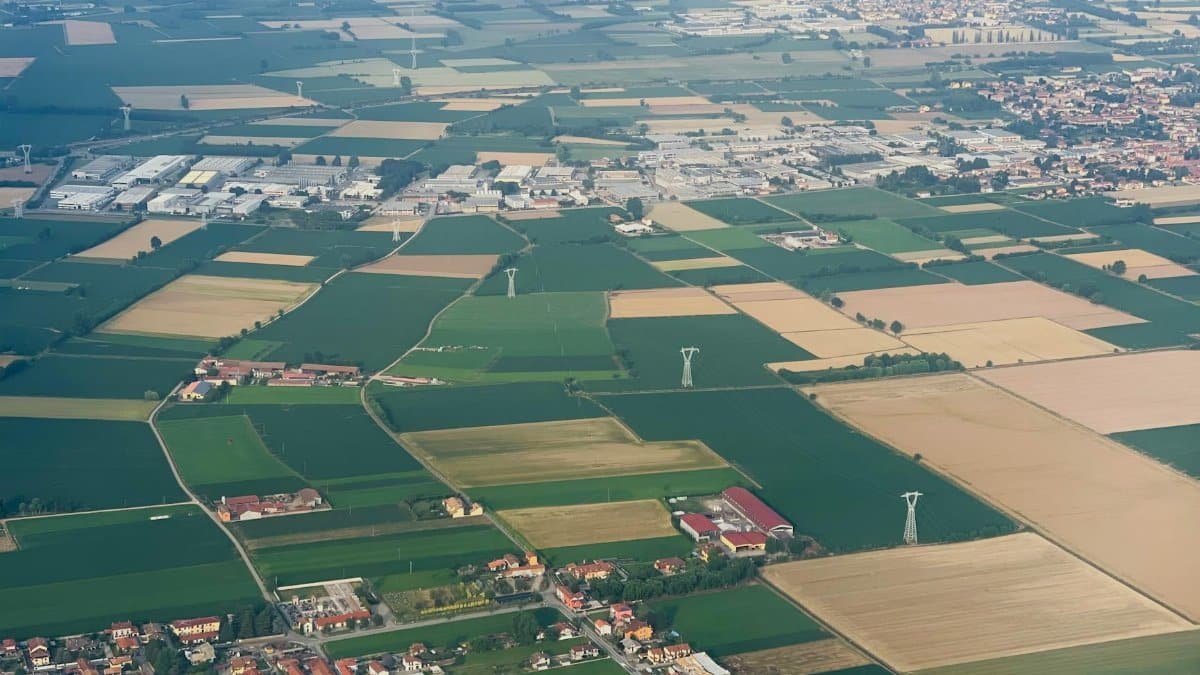 Stunning aerial view of farmland and countryside in Piedmont, Italy.