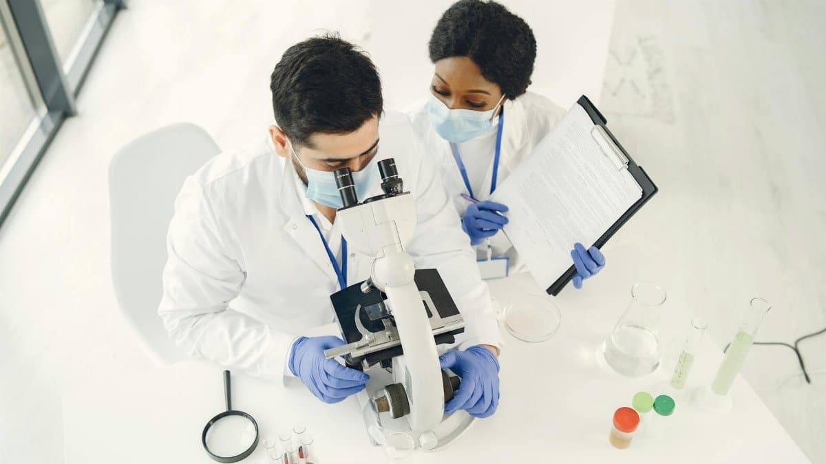 Two scientists examining samples under a microscope, showcasing teamwork in a lab setting.