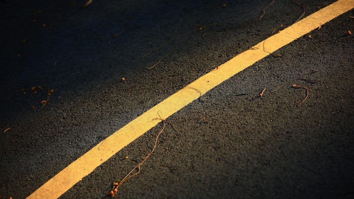 Close-up of a curved yellow line on asphalt with scattered twigs, creating an abstract pattern.
