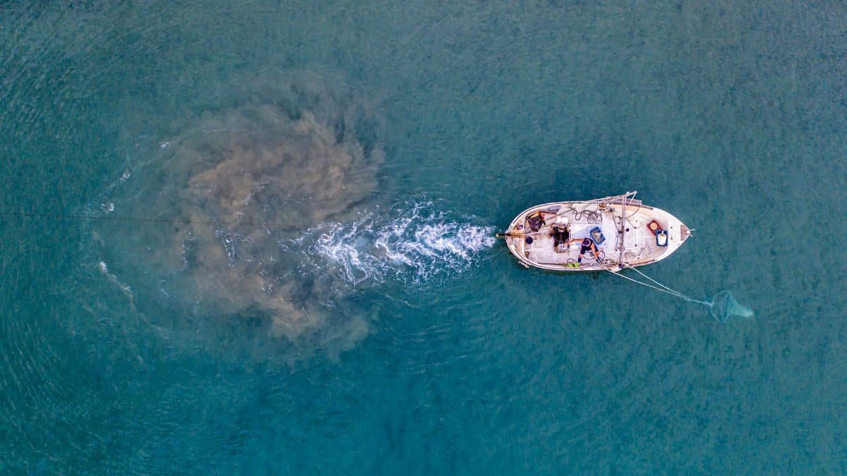 From above of unrecognizable person floating on small motorboat with sailing equipment in rippling blue sea and trying to catch fish