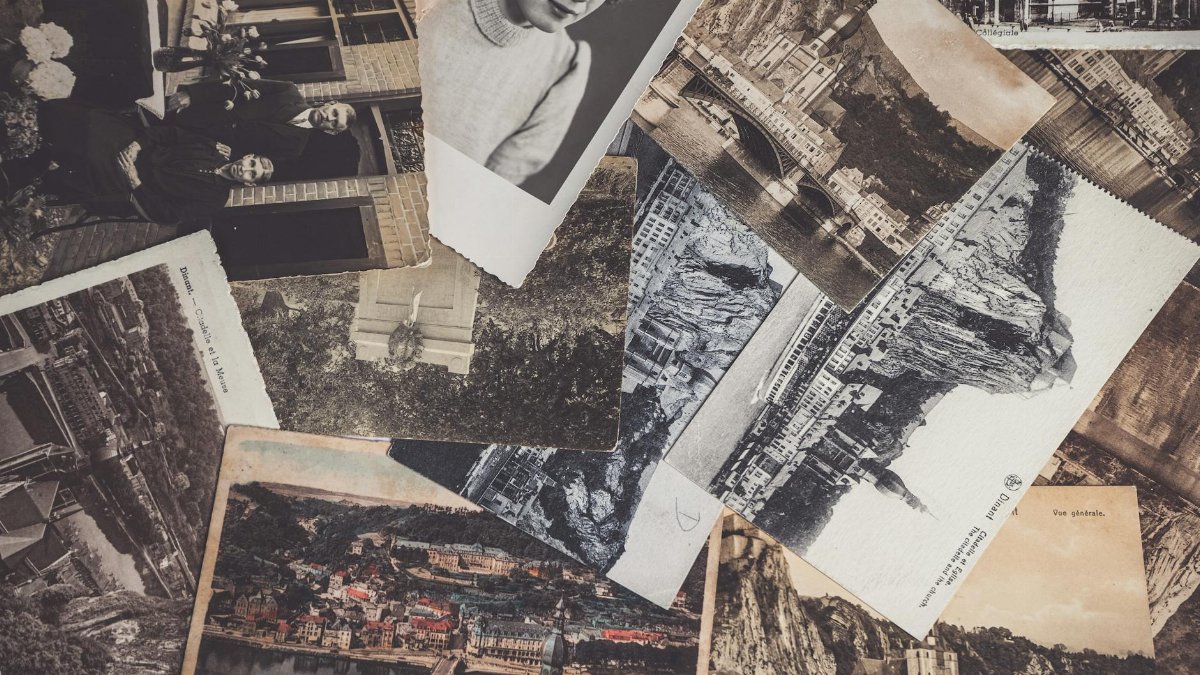 A collection of vintage black-and-white photographs and postcards with historical significance.