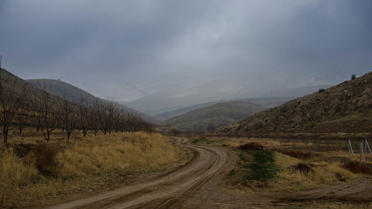 Explore the tranquility of autumn with a winding dirt road through barren hills and leafless trees, under a cloudy sky.
