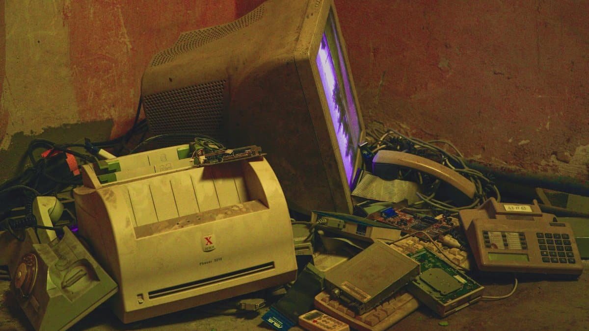 Old electronics pile with a vintage computer and printer in a basement setting.