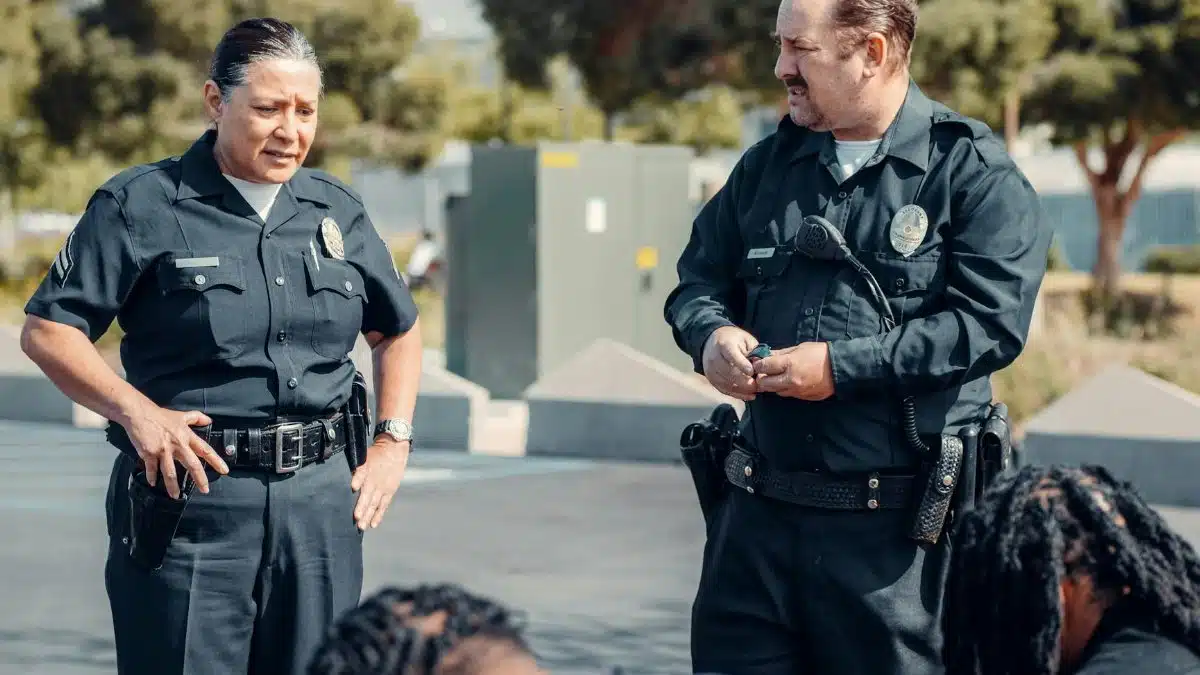 Two police officers interact with citizens during a community patrol outdoors.