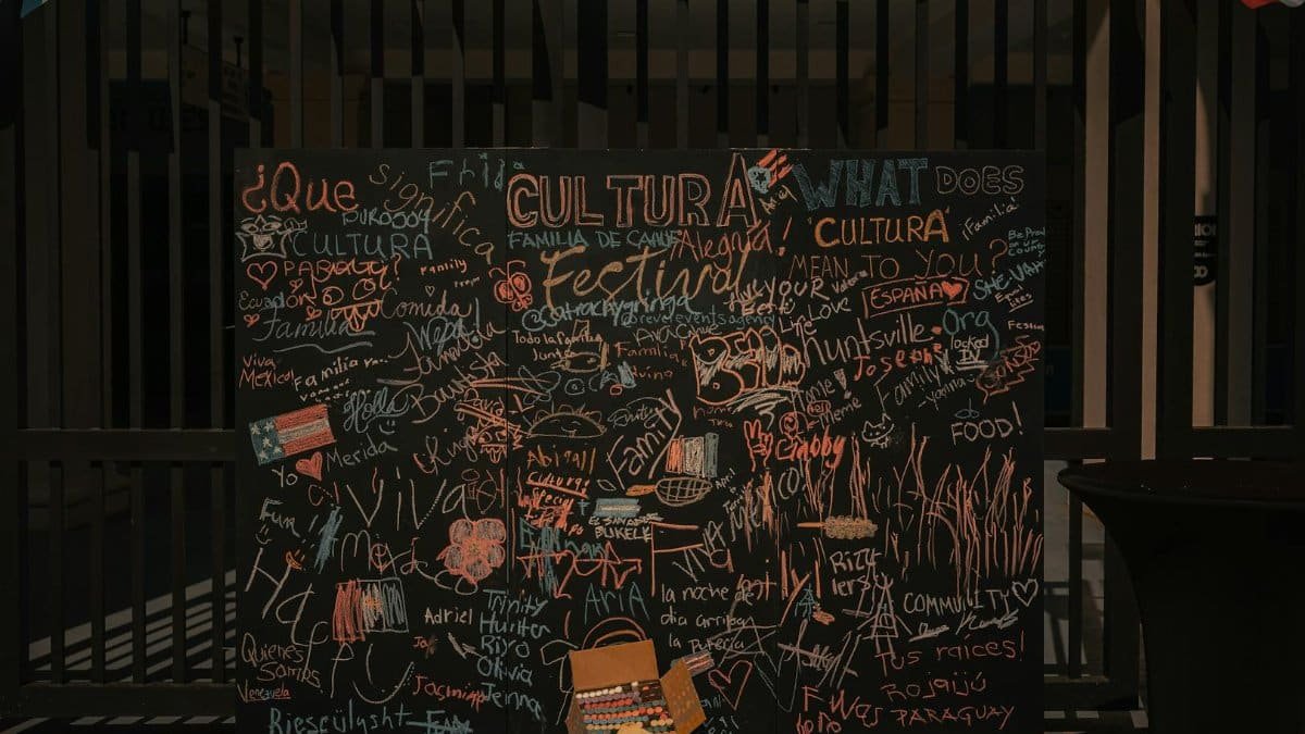 Vibrant chalkboard expressing diverse cultural messages and artistic creativity outdoors.