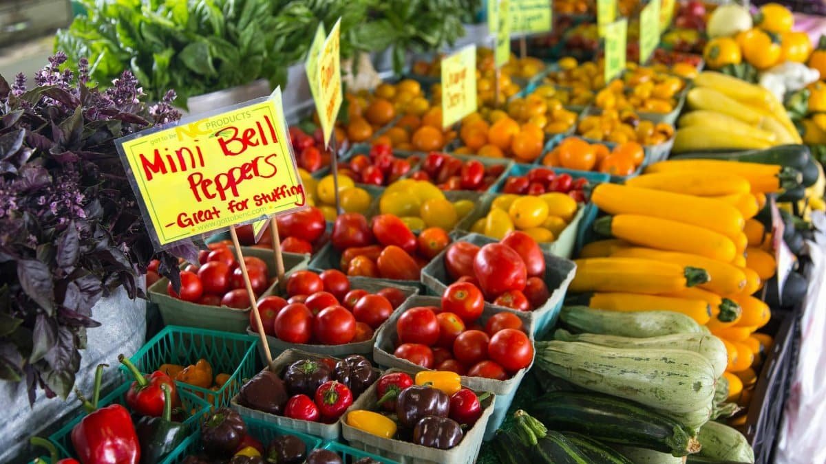 Colorful assortment of fresh vegetables at an outdoor farmers market in North Carolina.