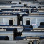 Aerial view of Long Island Rail Road trains parked at a depot showcasing urban transportation.