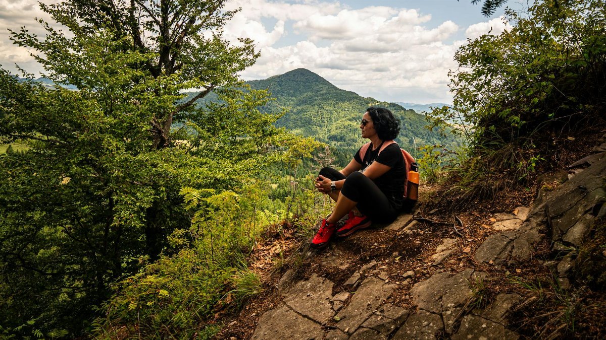 Woman hiking in a lush, mountainous forest, enjoying a scenic view on a summer day.