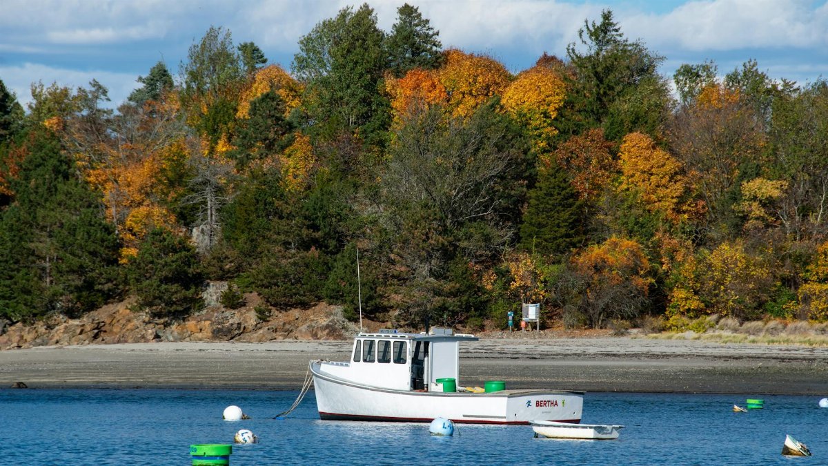 Tranquil autumn scene with a moored fishing boat in Marblehead Harbor, Massachusetts.