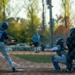 Exciting youth baseball game featuring a batter, catcher, and umpire in action at dusk.