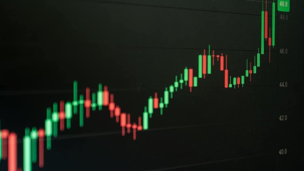 Close-up of a digital candlestick chart indicating bullish market trends in trading.