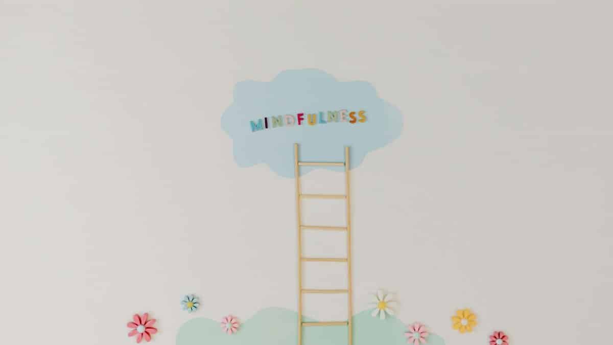 A minimalist conceptual art piece with a ladder leading to the word 'Mindfulness'.
