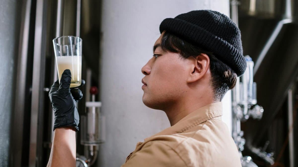 A brewmaster inspects craft beer in a glass, focusing on quality control in the brewery.