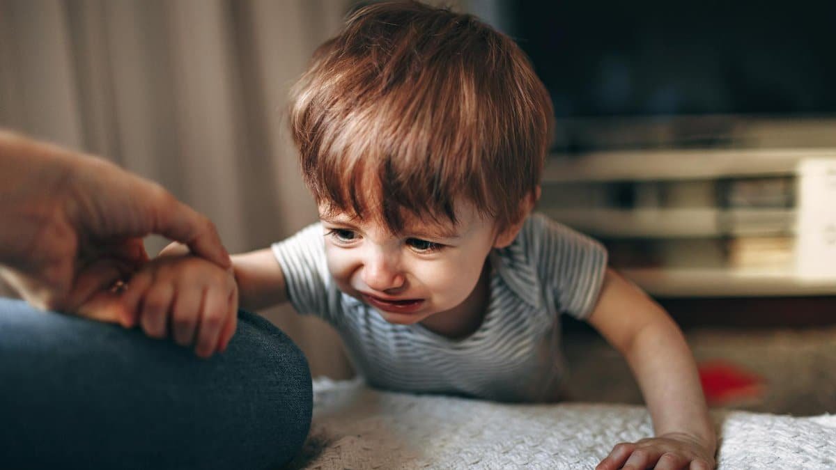 Crop unrecognizable parent helping upset boy to sit on couch while spending time in living room with TV at home