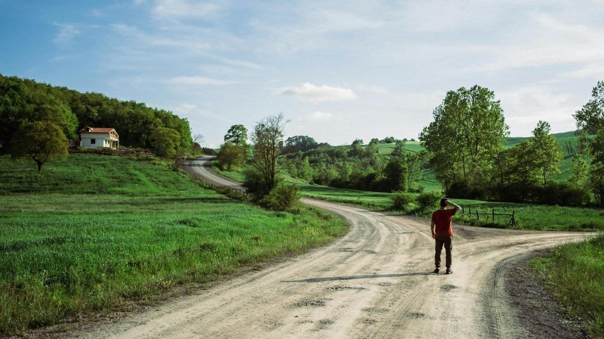 Man standing on a dirt road in the serene İzmit countryside.