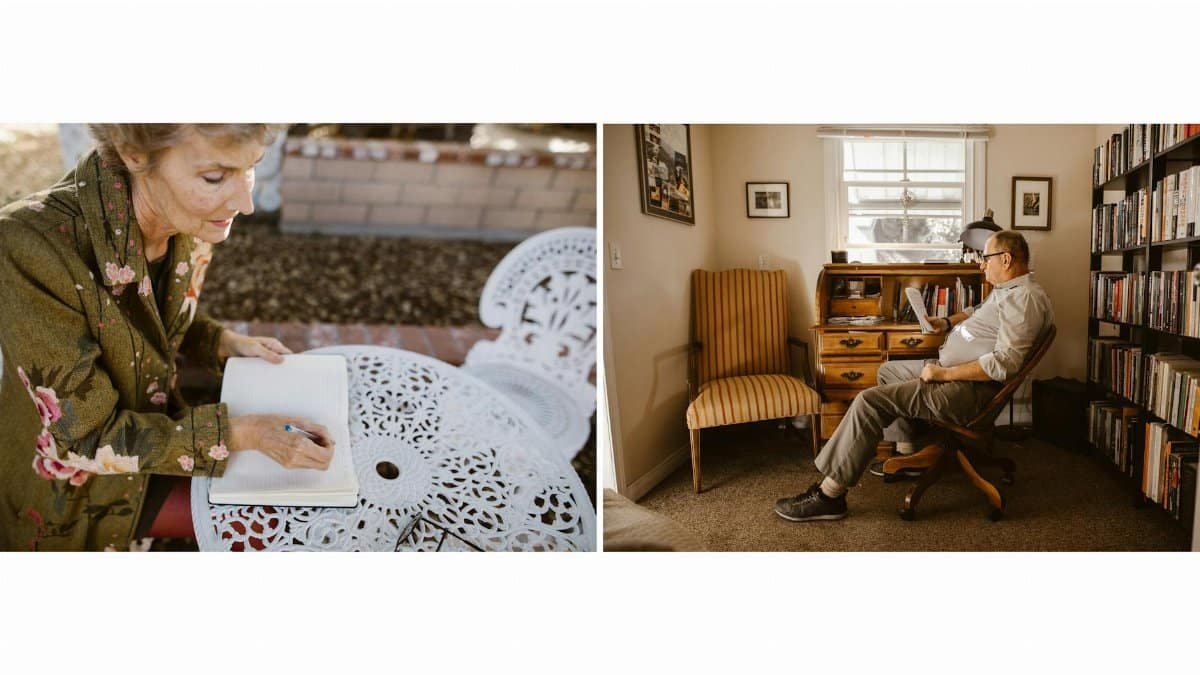 Elderly couple maintaining their connection through handwritten letters indoors and outdoors.