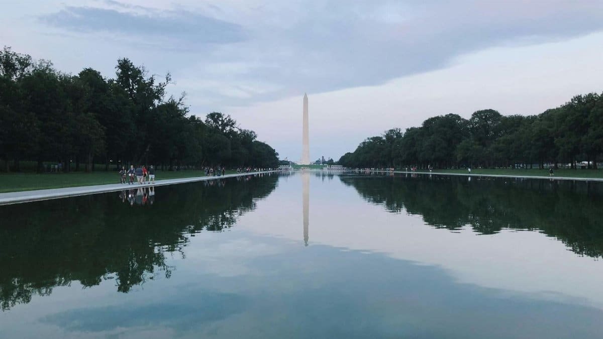 Stunning view of Washington Monument and Reflecting Pool at dusk in Washington D.C.