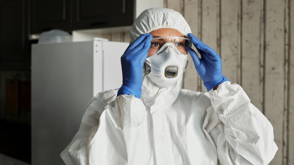 Healthcare professional in full PPE adjusting safety glasses for optimal protection indoors.