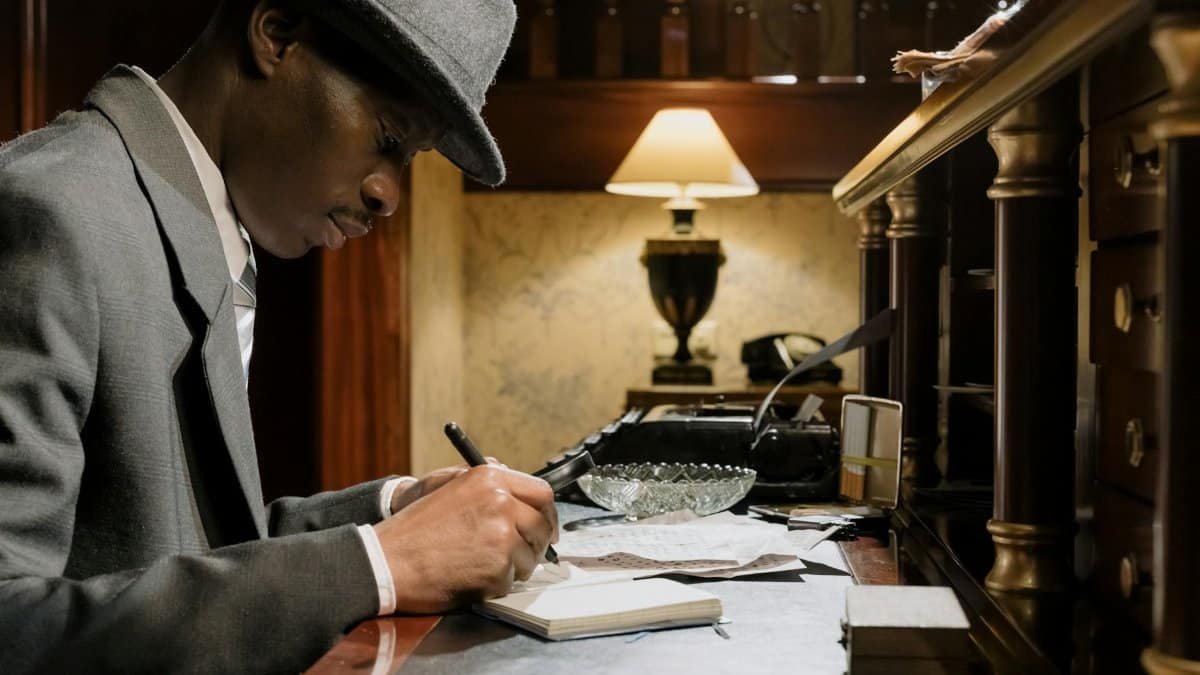 Black detective in retro office, writing notes with typewriter background.