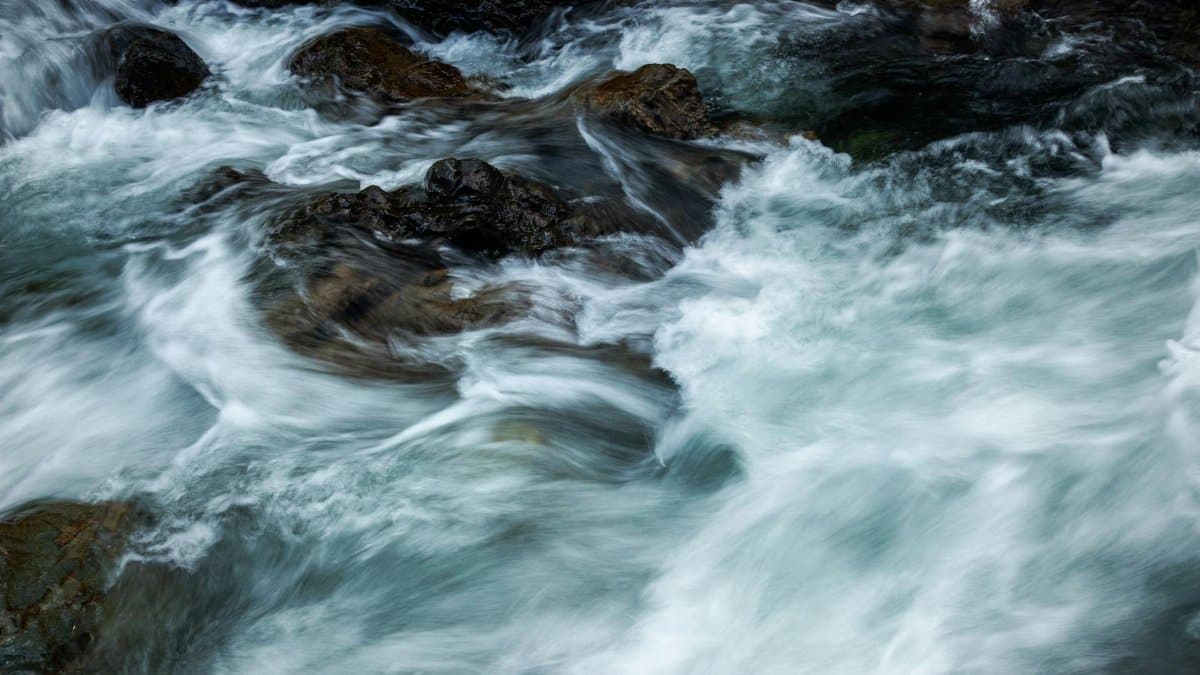 Dynamic capture of whitewater rapids flowing over rocks in Washington State.