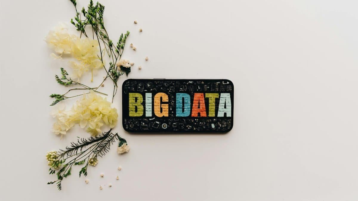 A smartphone with a 'Big Data' screen and floral arrangement on a minimalist background.