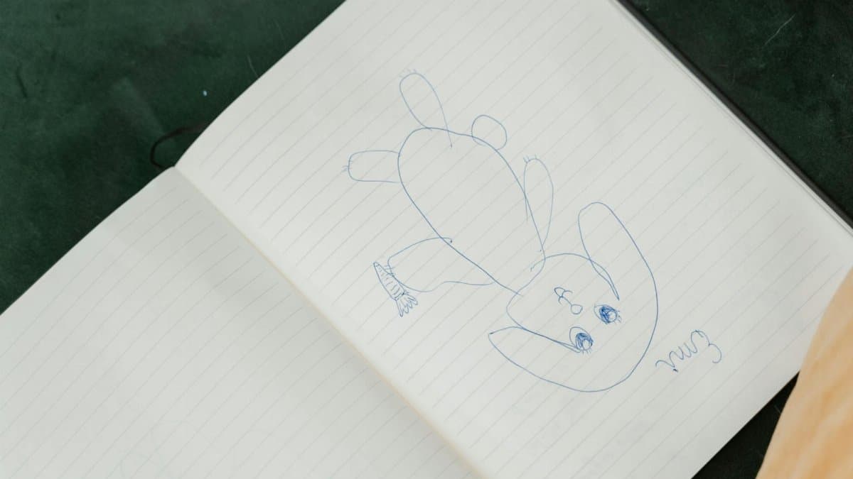 An artistic sketch of a cute cartoon bunny drawn in a lined notebook.