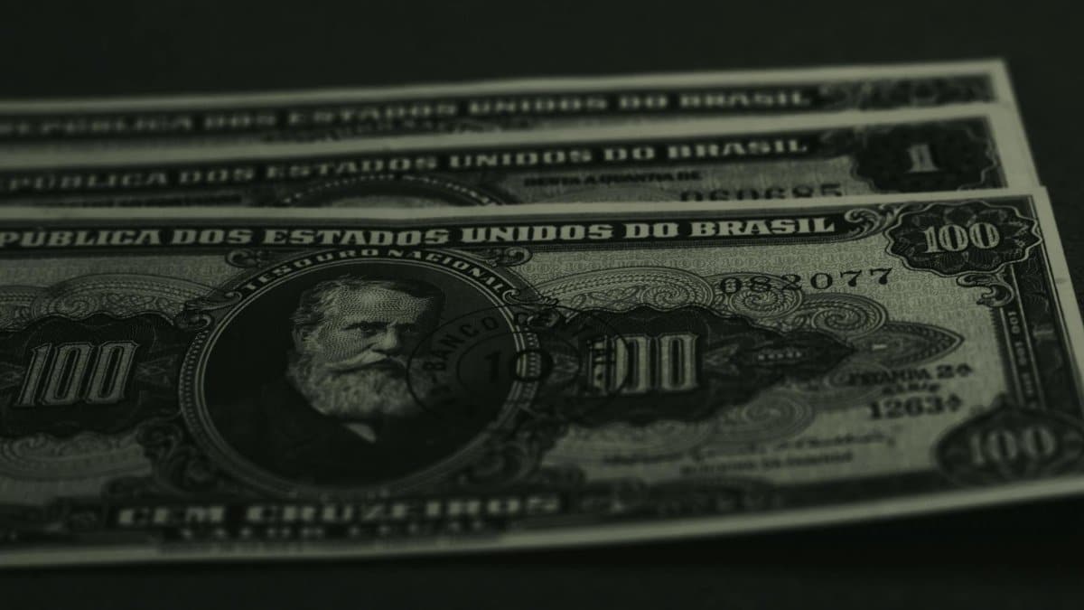 Close-up photo of vintage Brazilian banknotes showcasing historical currency design.