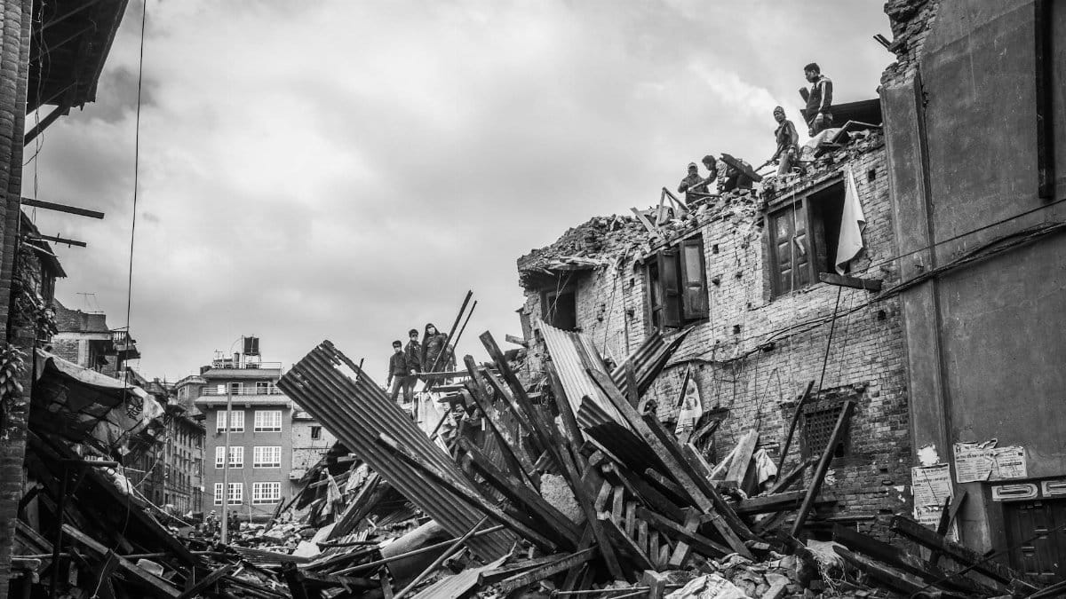 Rubble and ruins from an earthquake in Bhaktapur, Nepal revealing urban devastation.