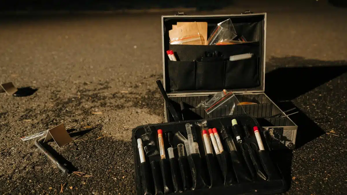 A forensic evidence kit on a road, capturing a crime scene investigation at night.
