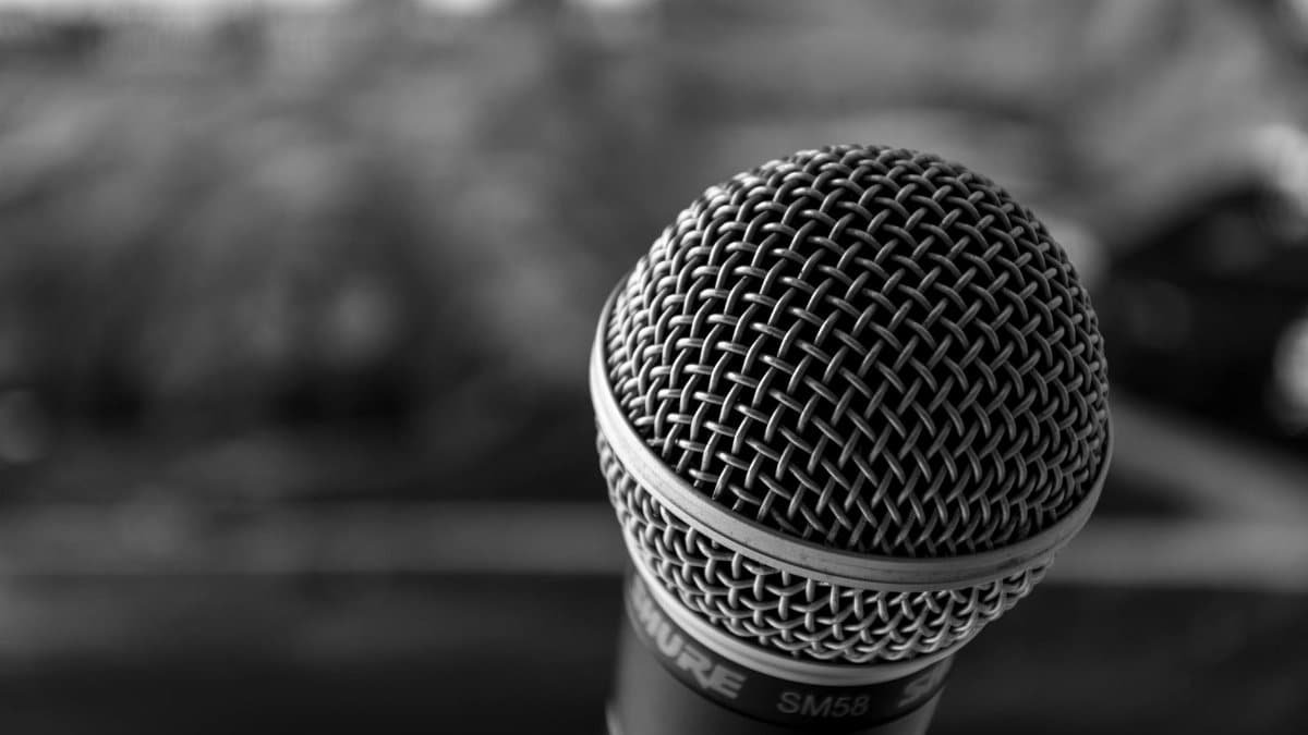 Artistic black and white close-up of a dynamic microphone, perfect for audio and music themes.