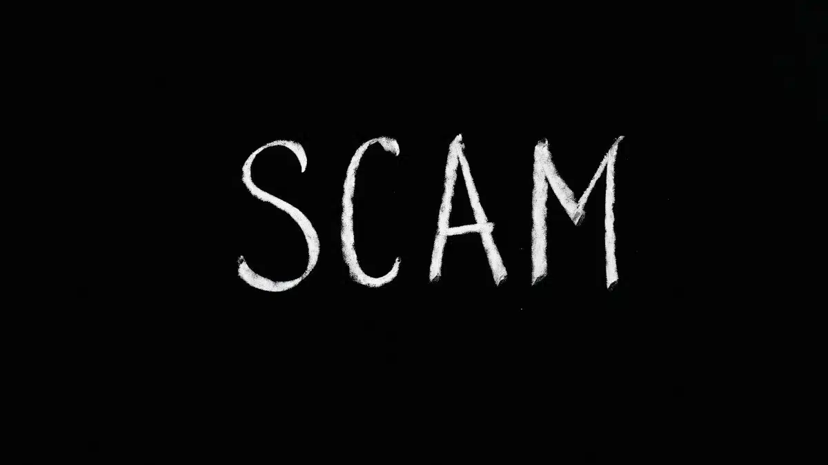 Chalk-drawn text 'SCAM' on black background, representing fraud and deception.