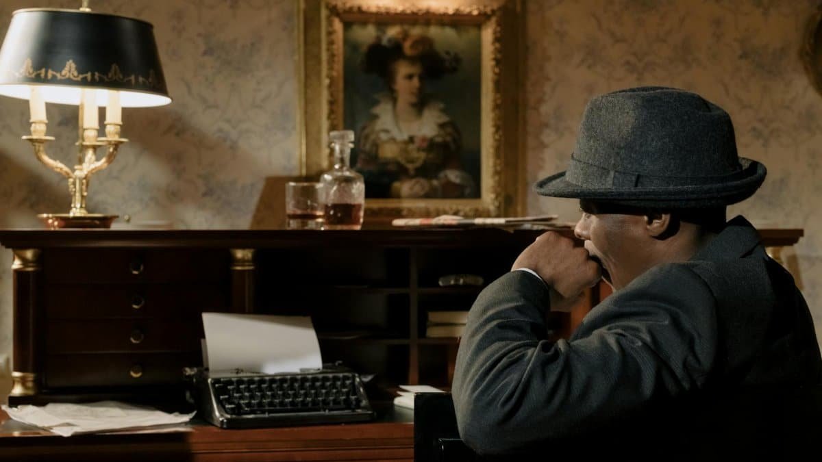 Cinematic portrayal of a detective in a vintage office, creating a mysterious and retro ambiance.