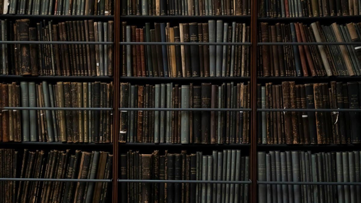 A close-up of vintage books on library shelves in London, showcasing an abundance of literary history.