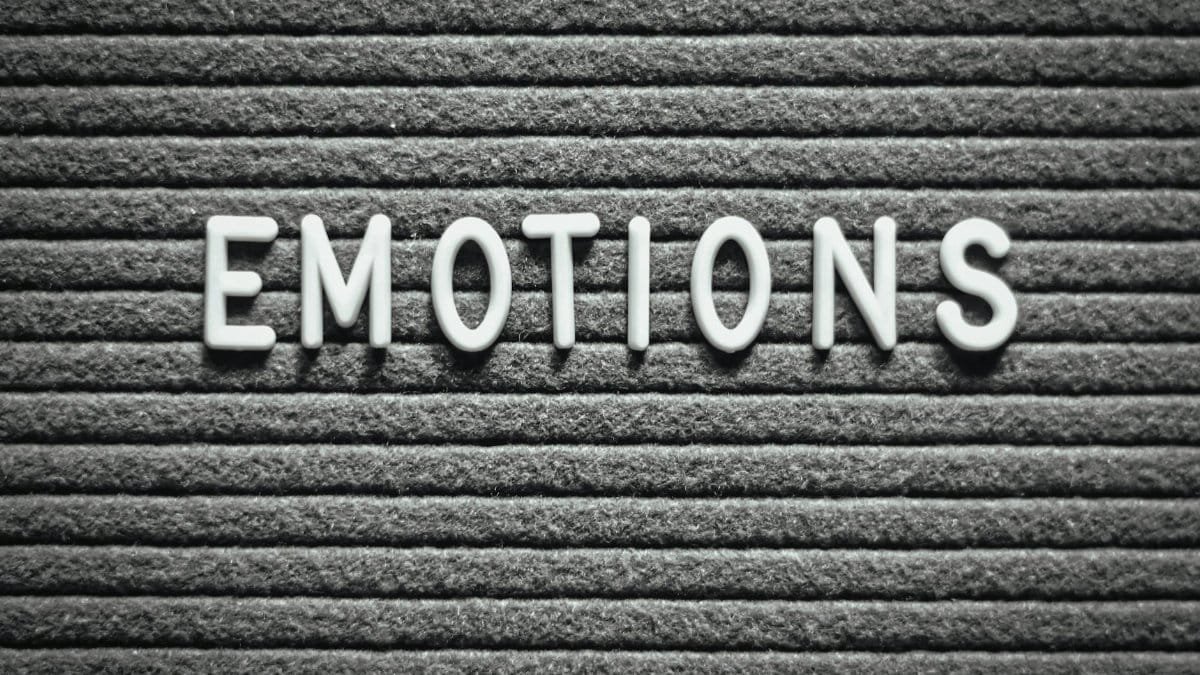 Letter board with the word 'Emotions' on a gray lined background.