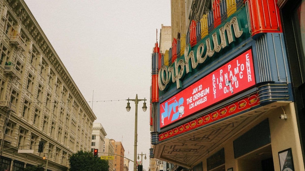 Vintage Orpheum Theatre marquee in downtown Los Angeles, capturing urban architectural charm.