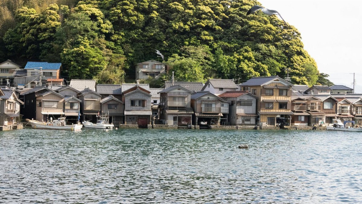 Idyllic scene of traditional wooden boathouses in Ine, Kyoto with lush hillside backdrop.