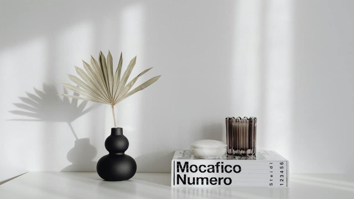 A minimalist setup with a black vase, dried palm leaf, glass and books on a white surface.