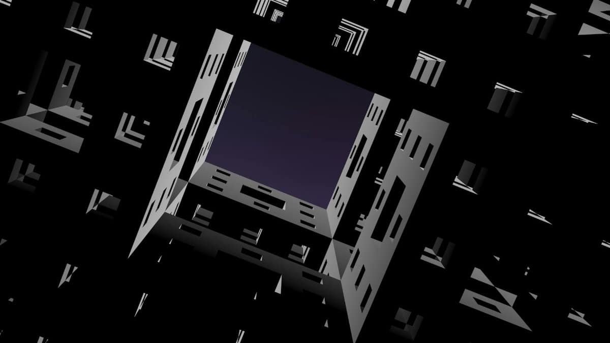 Abstract digital art of a futuristic cityscape with geometric patterns and a night sky.