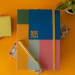 A vibrant flat lay of a 2025 planner, pen, sticky notes, and plant on a bright background.