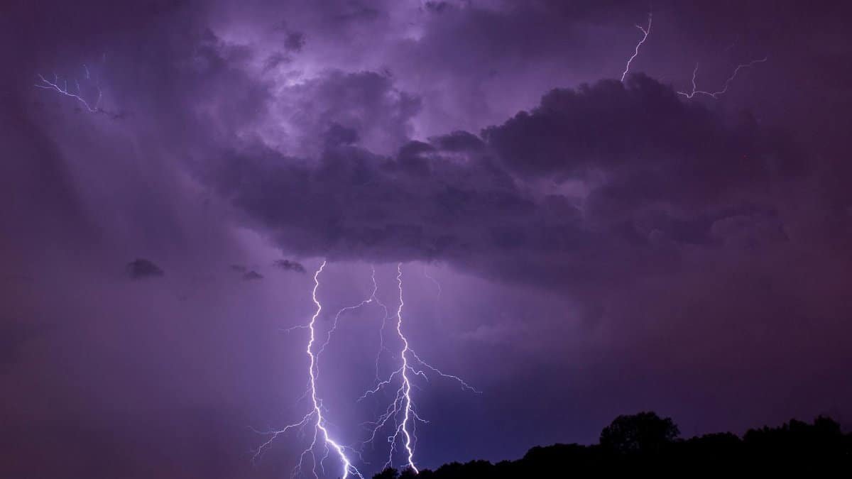 A vivid lightning strike illuminates a dark night sky, capturing the power of nature's thunderstorm.