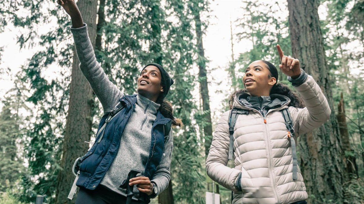 Two women enjoying a hike in the forest, pointing and exploring nature.