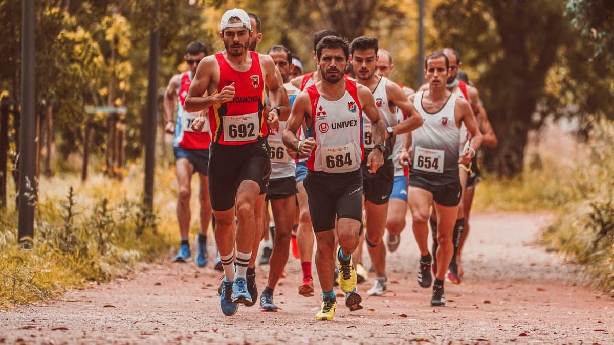 Group of male marathon runners competing on an outdoor trail surrounded by trees.