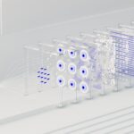 Visual abstraction of neural networks in AI technology, featuring data flow and algorithms.