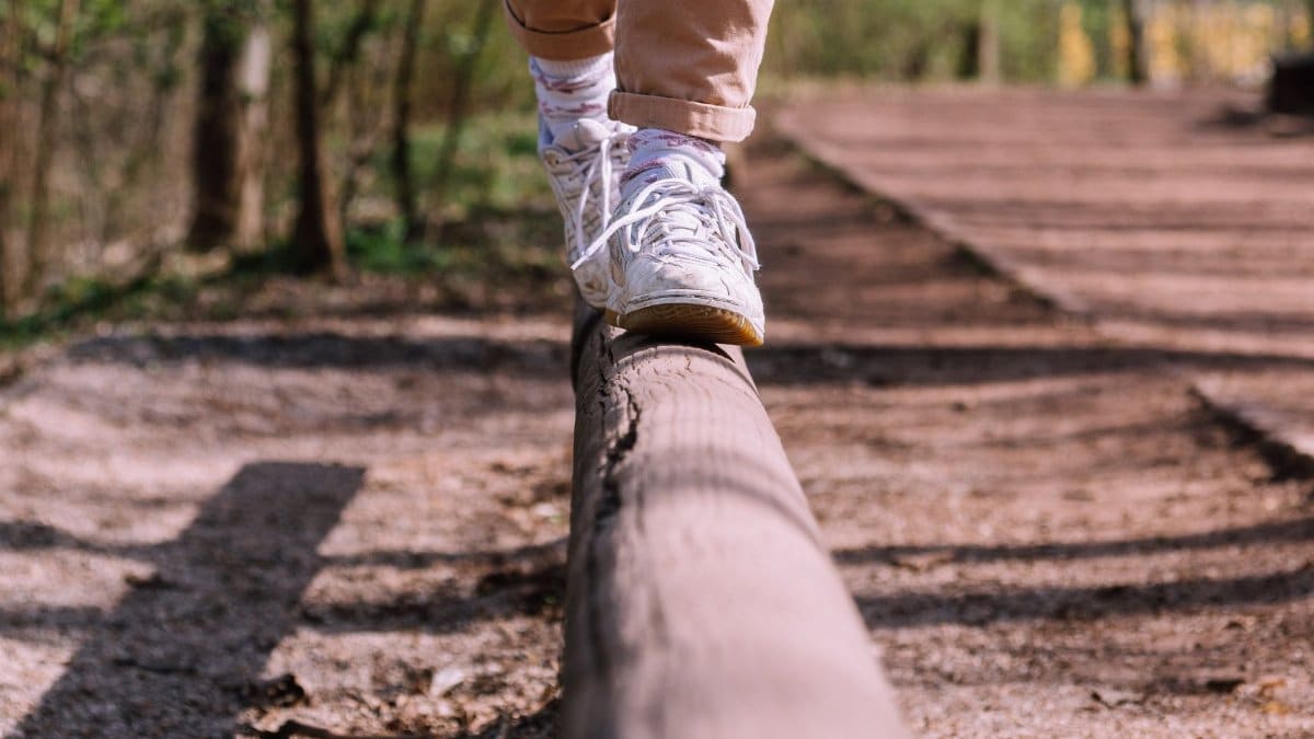 Close-up of a person walking on a wooden beam in a park setting, showcasing balance and focus.
